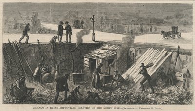 Chicago in Ruïnes - Geïmproviseerde hutten aan de noordkant, illustratie uit Harper
